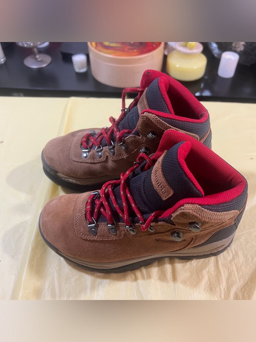 Columbia Brown Suede Kids Hiking Boots with Red Accents